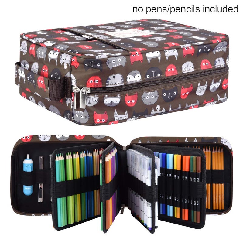 qianshan Pencil Case Holder Slot - Holds 260 Colored Pencils or 180 Gel Pens with Zipper Closure - Large Capacity Polyester Pen Organizer for Watercolor Pens or Markers - Perfect for Artist Brown cat - Image 2